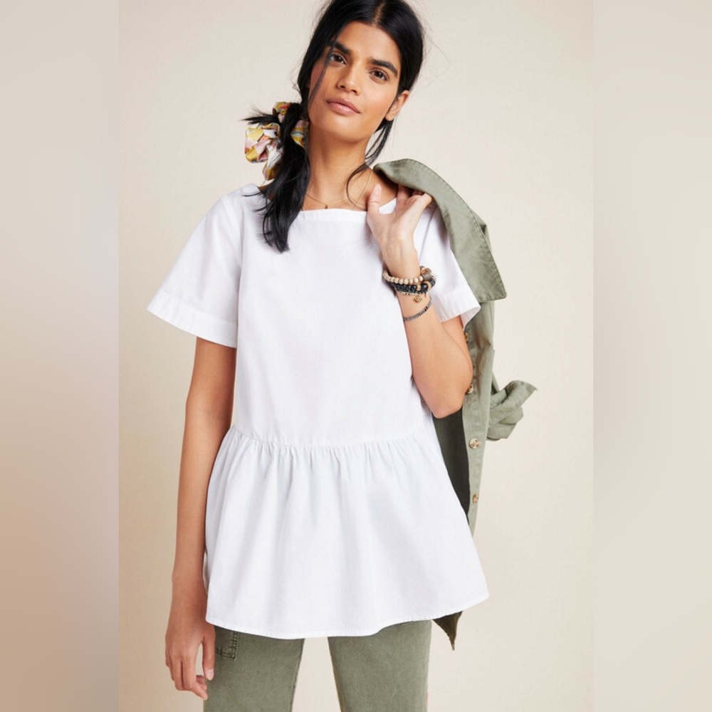 Anthropologie White Short-Sleeve Peplum Mini Dress